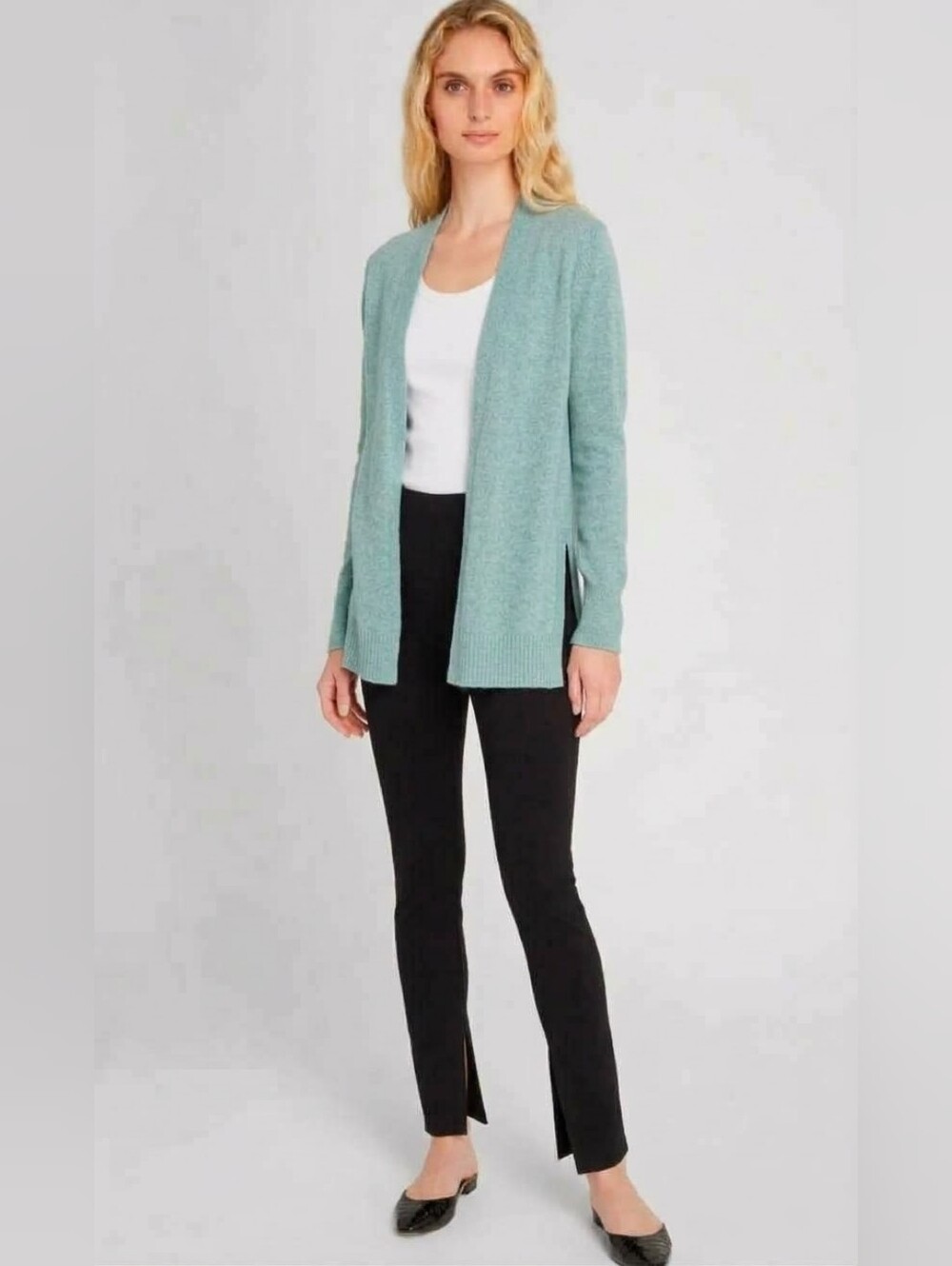 White + Warren 100% Cashmere Open M Side Slit Cardigan Sweater Blue Ribbed Top